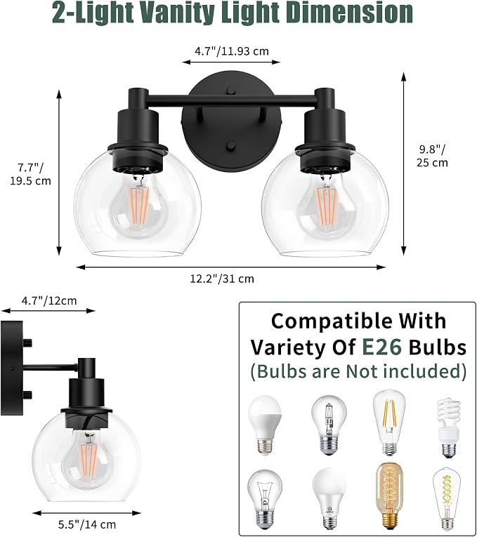 2 Light Bathroom Light Fixtures Black Vanity Lights, Farmhouse Bathroom Vanity Lights 2-Light Matte Black Globe Bathroom Vanity Lighting Fixture Over Mirror
