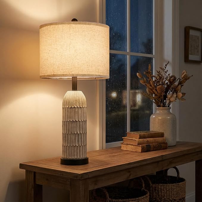 26.5" Bedside Table Lamps Set of 2, Farmhouse Table Lamp with USB A+C Charging Ports,Vintage Nightstand Lamp for Bedrooms and Living Rooms, Retro Resin End Table Lamp with Linen Shade,Black