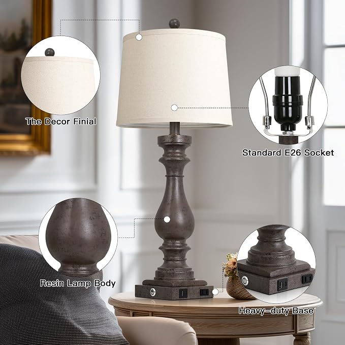 29" Tall Farmhouse Table Lamp for Living Room Set of 2,Vintage Retro Nightstand Lamps with USB C+A Ports & AC Outlet,3-Way Dimmable Touch Bedside Lamp for Bedroom End Table,Earthy Tone