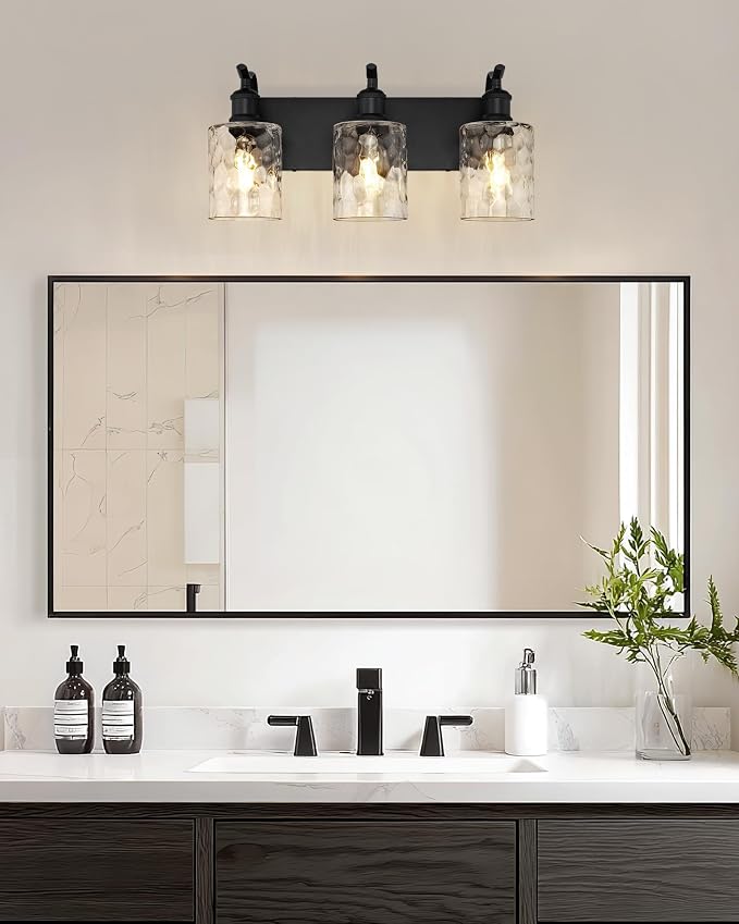 3-Light 20 Inch Bathroom Vanity Light,Hammered Glass,Black | Over Mirror Wall Light,E26 sockets,for bathroom mirror,powder room,dressing area,wall-mounted vanity lighting