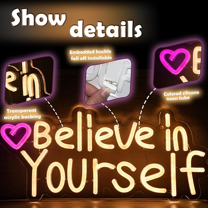 Believe in Yourself neon sign, suitable for classroom wall decoration, back-to-school season, graduation season, student gifts. Dimmable, USB powered, pink heart-shaped inspirational neon light.