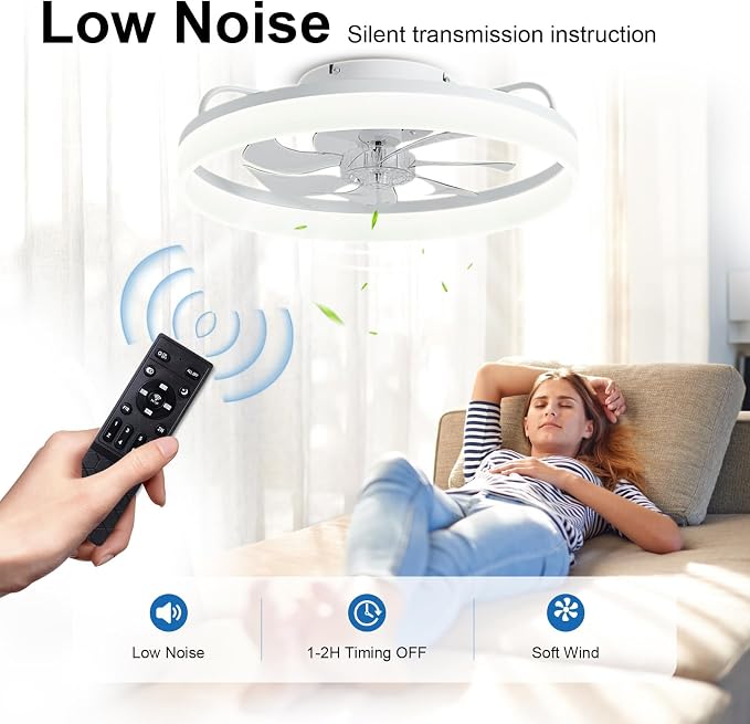 Ceiling Fans with Lights and Remote, 20" Modern Low Profile Ceiling Fan with Light, Stepless Color Temperature Change and 6 Speeds, Flush Mount Ceiling Fans for Bedroom, Kids Room.（White）