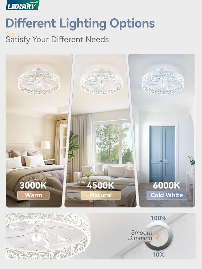 LEDIARY 15.7 Inch Low Profile Ceiling Fans with Lights and Remote, Flush Mount Ceiling Fan, 3000K-6000K Fandelier Dimmable Ceiling Fan, Modern Ceiling Fans with Light for Bedroom- White