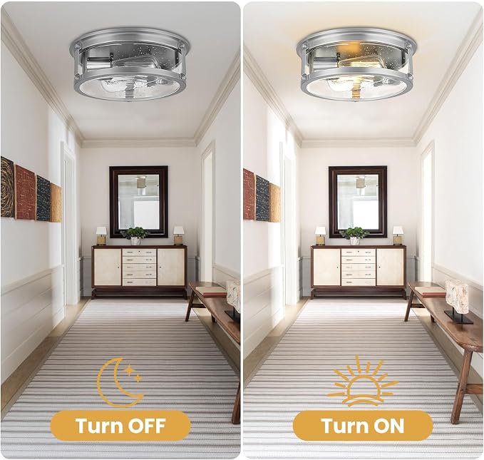 2-Light Brushed Nickel Flush Mount Ceiling Light Fixtures | Seeded Glass, 12 inch Minimalist Close to Ceiling Lighting, For Hallway, Kitchen, Entryway, Bedroom