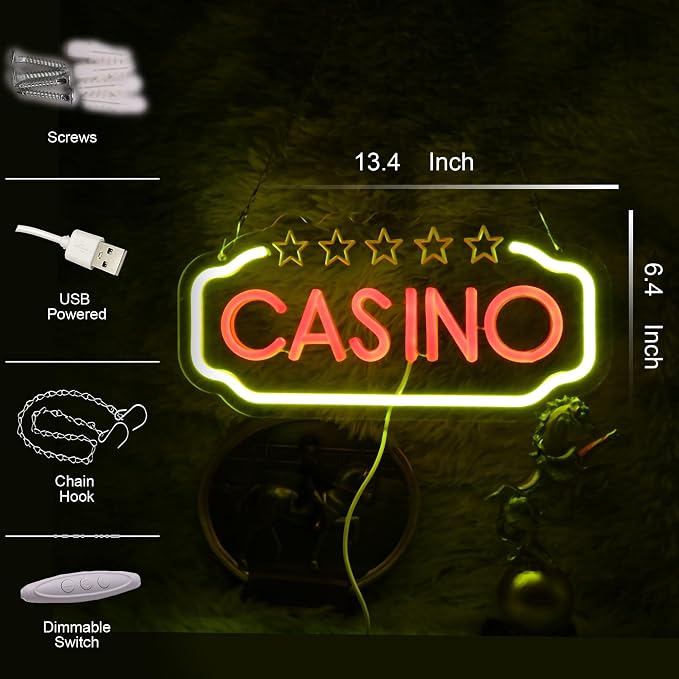 Casino Neon Sign, USB Powered LED Light for Game Room Party Decor | Create a Vegas Style Atmosphere with a Bright Neon Wall Decor Light for Bars, Rooms, Parties and Entertainment Spaces