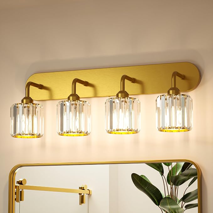 Keonjinn 4-Light Gold Bathroom Light Fixtures Over Mirror, Crystal | Vanity Lighting Fixture with Crystal Square Shades, Dimmable, Modern Style, Compatible with E26 Base LED Bulbs (Exclude Bulb)
