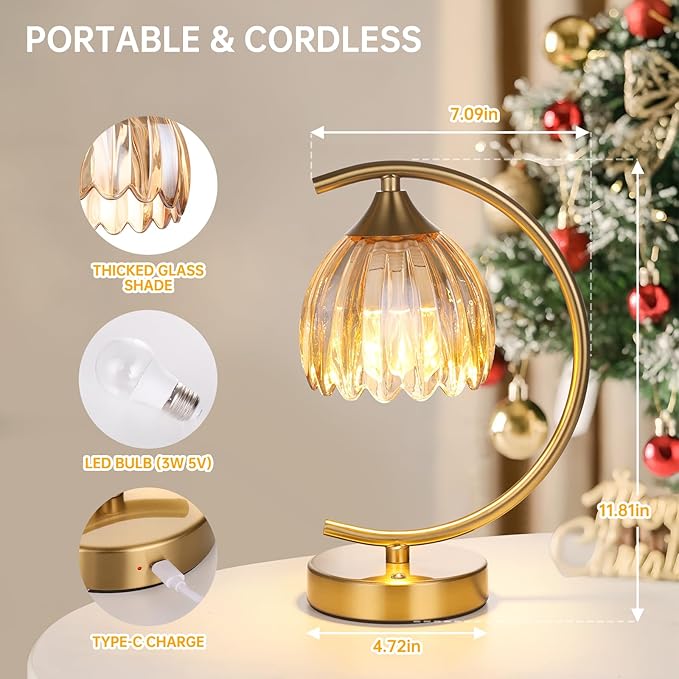 Set of 2 Tulip Table Lamp, 5200mAh Cordless Touch Control Table Lamp with 3 Color Temps & Stepless Dimming, Rechargeable Battery Table Lamp for Living Room, Bedroom, Shelf (Amber Tulip)