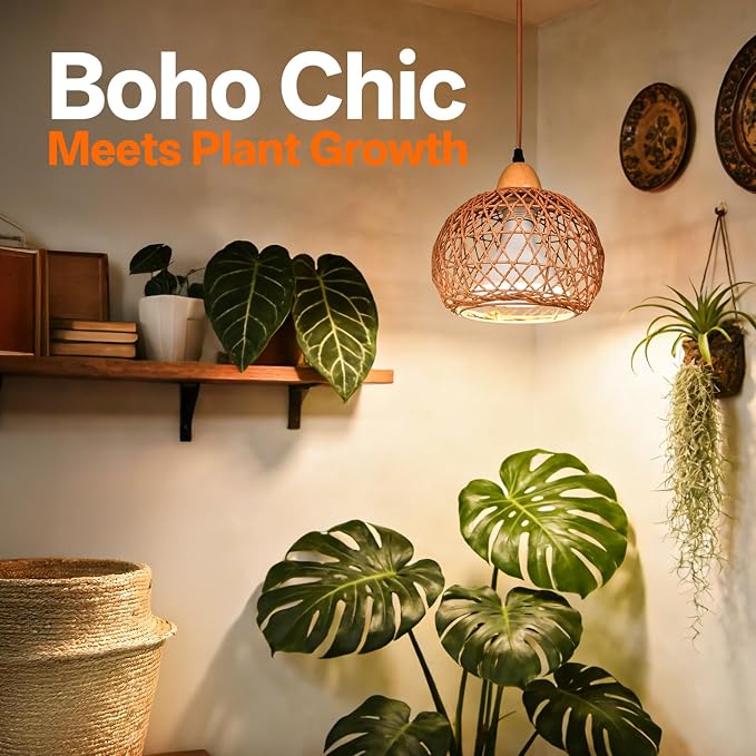 Hanging Grow Light for Indoor Plants 18W | Full Spectrum Plant Light, With 4H/9H/14H Timer, Boho Rattan Shade, 3800K Hanging Lights for Indoor Plants