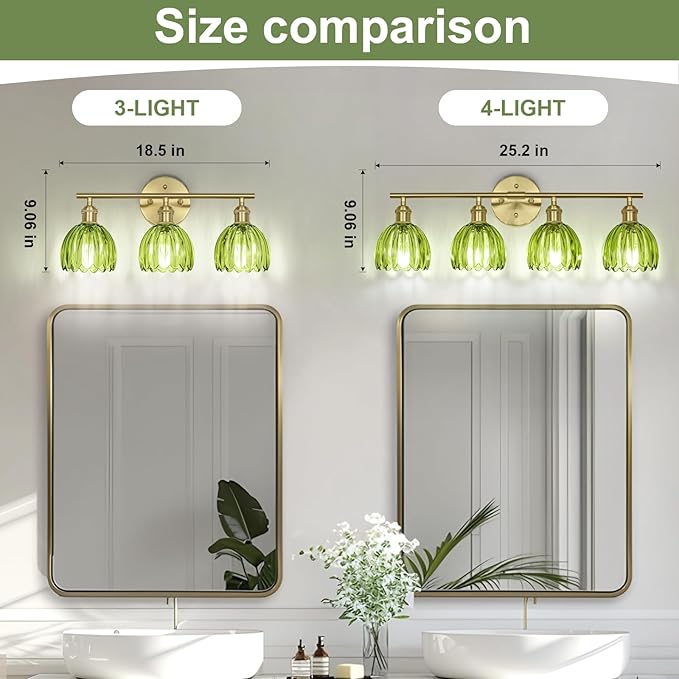 Vintage Bathroom Light Fixtures,3-Light Hardwired Vanity Lights with Green Tulip Glass Shade,Gold Bathroom Vanity Light for Mirror Restroom,E26 Socket,18.5 in(Bulbs Not Included)
