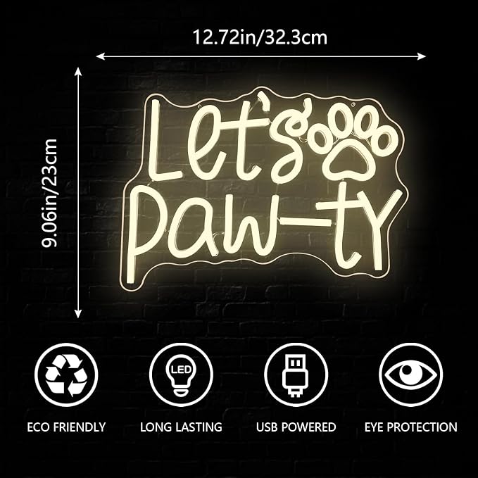 Lets Pawty Neon Sign Party LED Neon Lights Dimmable Cat Dog Party Birthday Neon Lights for Wall Decor Pet LED Signs for Dog Birthday Party Light Up Sign Home Wall Pet Party Decorations