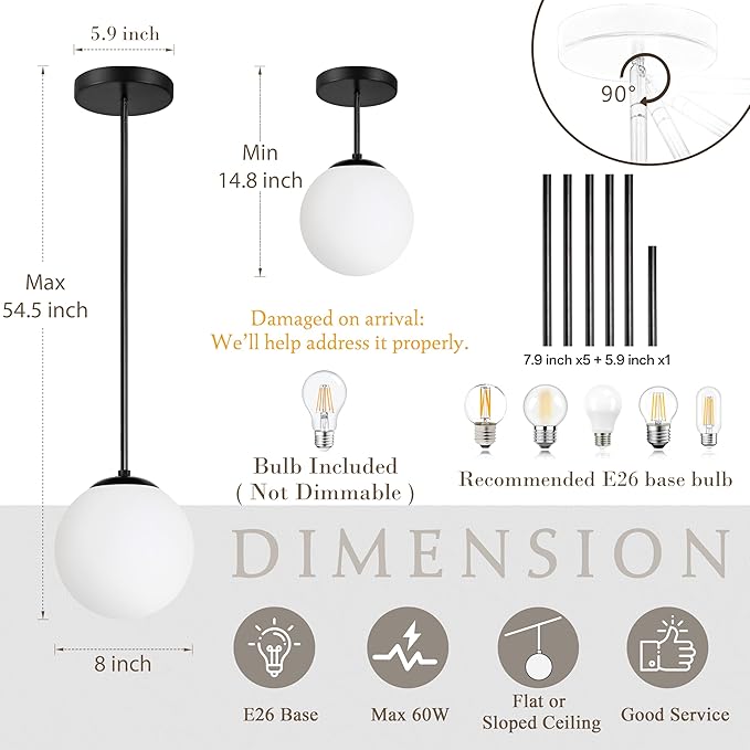 8" Globe Pendant Light Black 2 Pack Mid Century Pendant Light Globe Pendant Lights Kitchen Island Matte Black Finished with Milk Glass Adjustable Ceiling Light Fixtures for Dining Room Bar