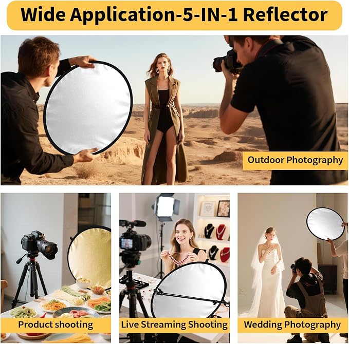24/32/43/52in Reflector Photography,5 in 1 Light Diffuser with Panel &Bag Light Reflectors for Photography, Ideal for Content Creator Essentials&Photographer in Silver,Gold,White and Black