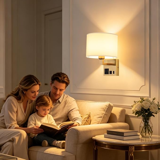 Plug in Wall Light, Wall Lamp with Brass Base Cylindrical Shape | Wall Light for Living Room Bedroom Hotel, Bedside Lamp Bulb Included, Wall Mounted Lamp with AC Outlet & USBA+C Charging Port