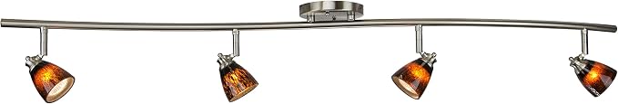 4 Light Adjustable Track Light, Brushed Steel Finish, Brown Glass Shade, Ready to Install, Bulb Included, D268-44C-BS-BRNS