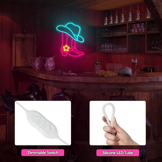 Cowboy Boot Hat Neon Sign, LED Western Pink Cowgirl Boots Neon Lights for Wall Decor, Cowboy Hats Neon Light Up Signs USB Powered for Bedroom Art, Game Room Party, Birthday Party, Christmas Gift