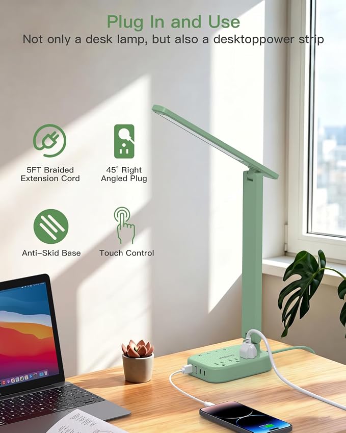 LED Desk Lamp Power Strip with 4 USB 3 Outlets, Dorm Room Essentials, Green | One Beat 4 Modes 5 Level Brightness Touch Lamp, Small Desk Lamp for Home Office College Dorm Essentials, Study Reading Light