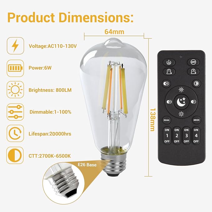 Smart LED Light Bulbs,Remote Control Light Bulb,ST64 Vintage Edison Bulbs with Remote Control,800LM 6W (60W Equivalent),E26 Base,Dimmable 2700K-6500K, 2-Pack(2 Bulbs+1 Remote)