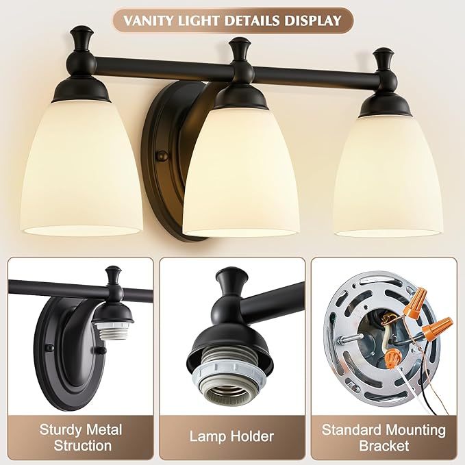 Vanity Lights for Bathroom, 3-Light Modern Vanity Light Over Mirror Black Bathroom Light Fixture Bedroom Wall Sconces Lighting for Living Room Cabinet