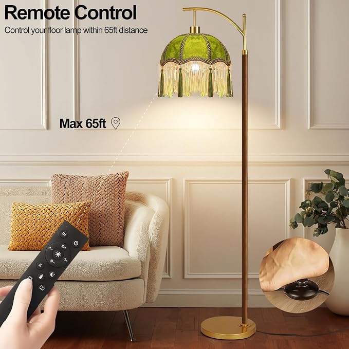ILLMTW Green Floor Lamp for Living Room,Bedroom,Fringe Standing Lamp with Remote Dimmable,Victorian Mid Century Gold Arc Tall Lamp Boho Vintage Retro Wood Tassel Flower Unique Lamp Tiffany Decor