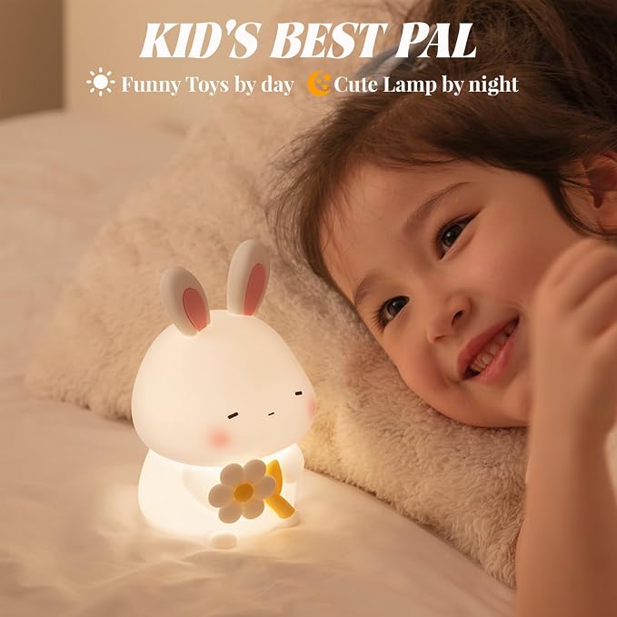 AVEKI Rabbit Night Light, Cute Bunny Lamp Gifts with Timer, Touch Squishy Silicone Night Light with 3 Colors Dimmable, Rechargeable Animal Lamp Kawaii Bedroom Room Decor (Bunny)