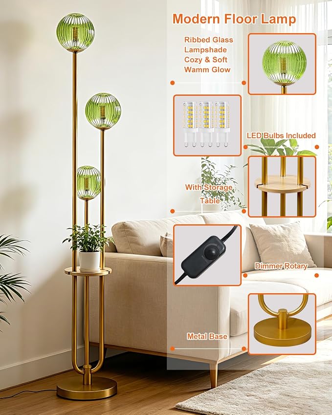 Lightdot Green Glass Floor Lamp with Shelf 63IN Dimmable Mid Century Modern Gold Standing Lamps 3000K Bulbs Included Globe Floor Lamp with 5Lbs Heavy Base for Living Room/Wedding/Sofa Beside/Corner