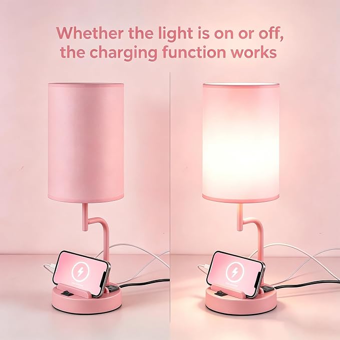 Dreamholder 2 Pack Table Lamp, Bedside Lamp with 3 USB Charging Ports & AC Outlet, USB Desk Lamp with 2 Phone Holders, Linen Fabric Shade Nightstand Lamps for Bedroom Living Room Office, Pink