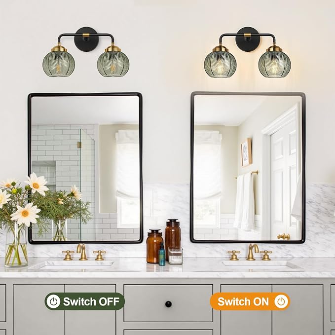 MOKATNG Bathroom Light Fixtures, 2-Light Green Vanity Lights with Unique Leaf Texture Glass Shade, Modern Matte Black and Gold Bathroom Wall Lamp for Mirror Hallway Cabinet Living Room