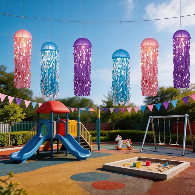 Jellyfish Paper Lanterns with LED Lights Set of 6, Purple/Pink/Blue Dome Hanging Floating Decorations for Under The Sea Party Mermaid Birthday Ocean Classroom Beach Room Aesthetic