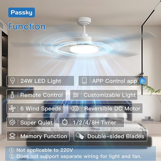 Passky 60 Inch White Sleek Ceiling Fans with Lights, Remote Control | 3-color dimmable light, quiet reversible DC motor, easy install, memory, Timer, APP, bedroom, covered outdoor areas