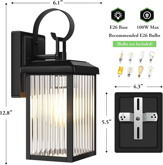 2-Pack Outdoor Wall Light Fixtures with Fluted Glass, Black | Waterproof, Rust-Resistant, Durable Metal, Standard E26 Socket, Easy to Install