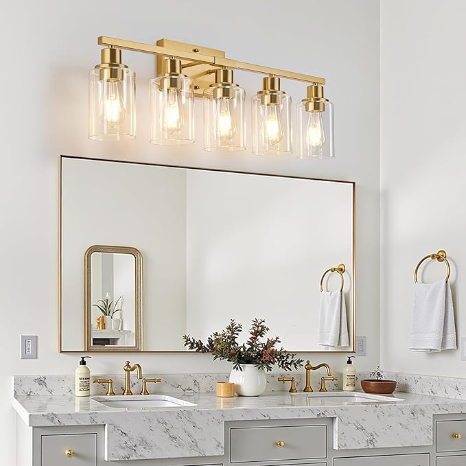 5-Light Bathroom Light Fixtures, Vanity Light with Clear Glass Shades, Brushed Gold Bathroom Light Fixtures Over Mirror, Modern Bathroom Wall Lamp for Mirror Living Room Cabinet Bedroom