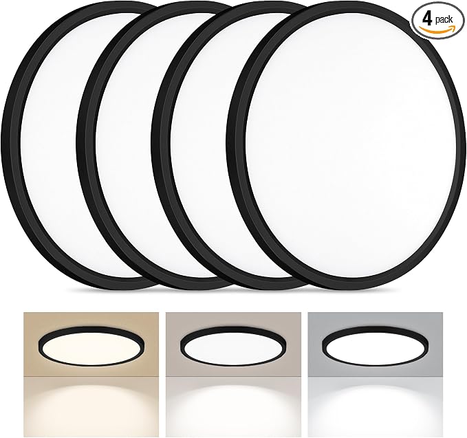 4PACK LED Flush Mount Ceiling Light, Super Slim 15 Inch 3000LM Ceiling Lights, 3000k/4000k/6500k Ceiling Light Fixture for Bedroom, Living Room, Dining Room, Kitchen, Wired, Black