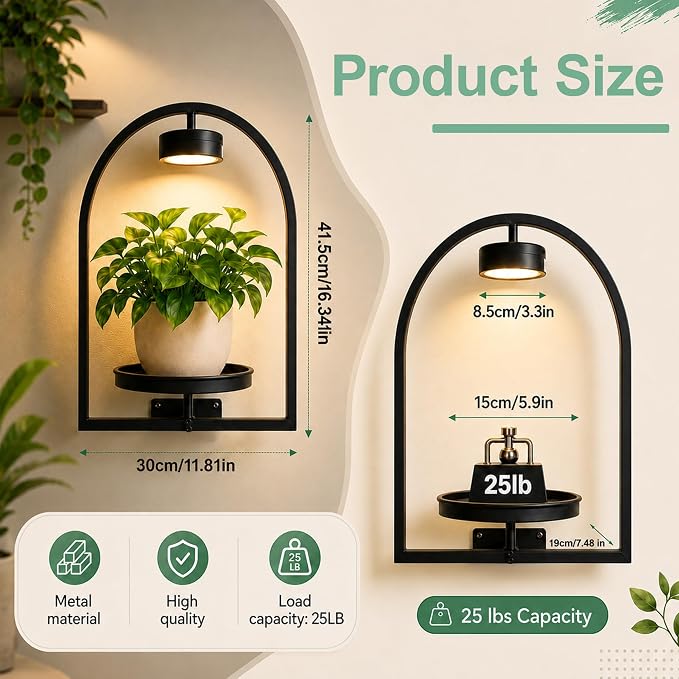 2 Pack Plant Wall Shelf with Grow Light, Wall Mounted Hanging Planter Shelf | Wall Plant Holder with Remote Control LED Plant Light, Floating Indoor Plant Shelf for Bedroom Living Room Apartment Boho