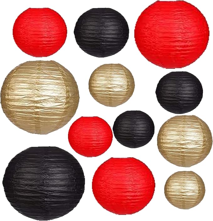12Pcs Paper Lanterns 6”, 8”, 10”, 12”,Paperlanterns Party Decoration, Black Red Gold Paper Lanterns for Wedding, Bridal, Birthday, Outdoor, Home, Garden, Holiday and Party.