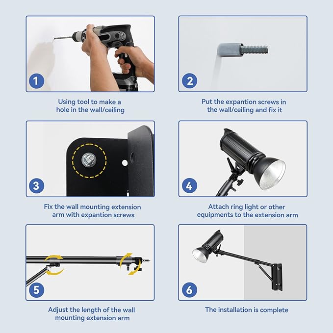 Takerers Ring Light Wall Mount, 4.3ft /51 inch Wall Ring Light Mount,180º Flexible Rotation, Triangle Boom Arm with 3/8 & 1/4 Screw for Photography Light, Monolight, Softbox, Umbrella, Reflector