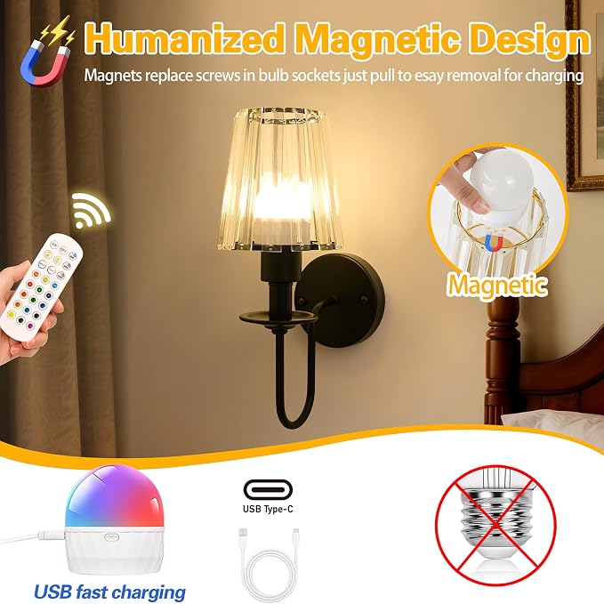 Battery Operated Wall Sconces Set of 2, Black Crystal Wall Lights | 5200mAh rechargeable wall lights with magnetic bulbs, remote control, 15 colors, 10-level dimming and timer for bedrooms