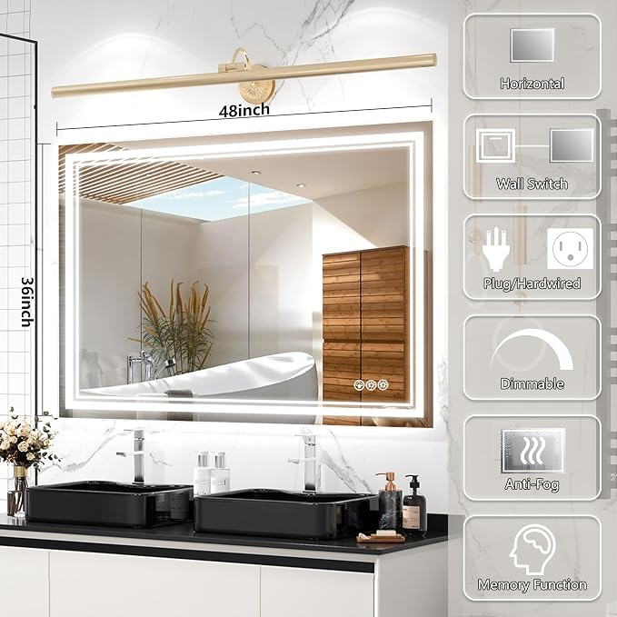 Ratsamee 48x36 Inch Led Mirror for Bathroom with Front Light and Backlit, Bathroom Mirror with Led Lights, Vanity Mirror with Lights for Wall, Anti-Fog, Dimmable, Memory Function, Tempered Glass