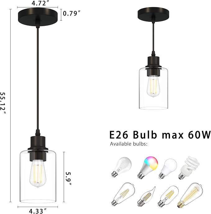 Pendant Lights Kitchen Island, E26 Socket Adjustable Cord for Dining Room,Bedroom,Living Room,Farmhouse Industrial Pendant Light Fixtures with Glass Shade,Modern Pendant Lighting,1Pack