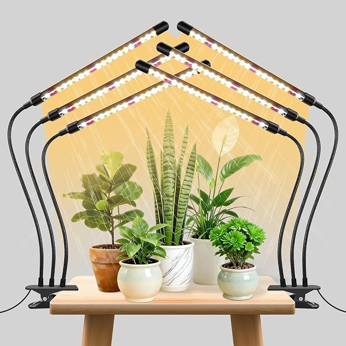 3head Plant Lights, 2Pack Grow Lights for Seed Starting, Full Spectrum Growing Lamps with Clip for Indoor Plants, Auto ON & Off Timer 3/9/12H, 3 Switch Modes, 10-Level Dimmable Brightness