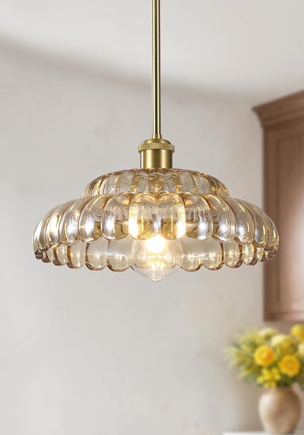 Gold Pendant Light with Glass Shade, Vintage Floral Glass Pendant Lamp for Kitchen Island, Adjustable Hanging Rods Sloped Ceiling Compatible, Living Room Bedroom Hotel-Amber