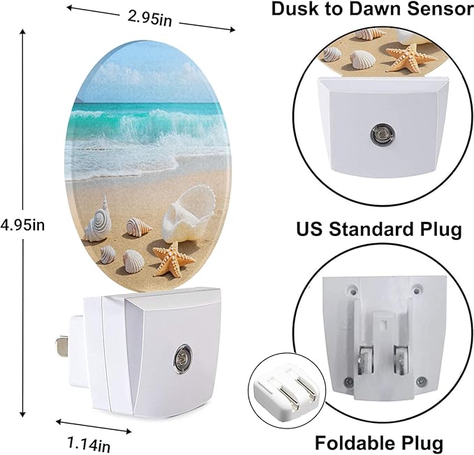 Seashell Nightlight Summer Beach Coral Starfish Blue Ocean Sea Waves Night Lights Plug into Wall Dusk to Dawn Sensor Round Night Light for Adults Boys Girls, 0.5W Energy Efficient