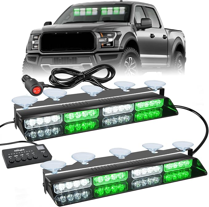 Nilight 32LED Green White Emergency Dash Strobe Lights with Controller | Suction Cups Warning Hazard Interior Front/Rear Windshield Deck Split Light Bar for Trucks Construction Vehicles