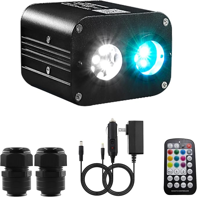 20W Dual Color Dual Head Fiber Optic Light Box for Starlight Headliner, Twinkle Effect & Music Mode, Bluetooth App/RF Remote Control, Car Plug & Power Adapter, PG Connector & 3 Drill Bits