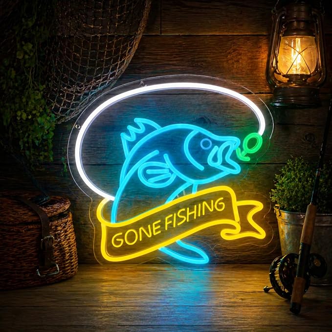 Go Fishing Neon Sign, USB Powered LED Light for Fishing Decor | Fishing Wall Decor for Living Room, Game Room, Man Cave, Bar, Party Decoration and Angler Gift