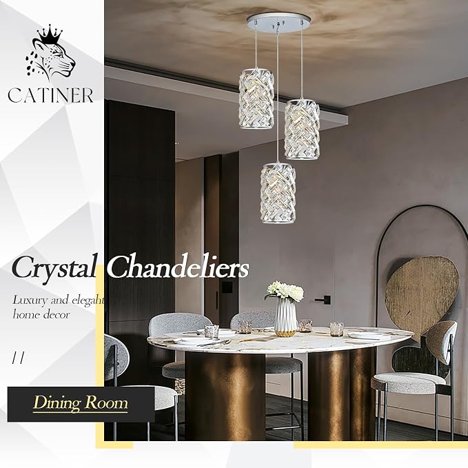 Chrome Crystal Cluster Pendant Light, 3-Light Kitchen Island Hanging Light | 3-light chrome crystal pendant with adjustable height, E26 sockets, dimmable for kitchen islands, dining rooms and bedrooms