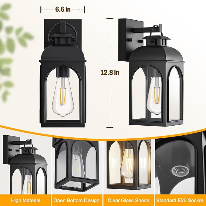 EJIAXIN 2 Pack Outdoor Wall Lights,Modern Black Exterior Wall Lanterns | Waterproof Metal Construction,Rust-resistant,Clear Glass Shades,Standard E26 Socket,Quick Installation,for Garage Doorway