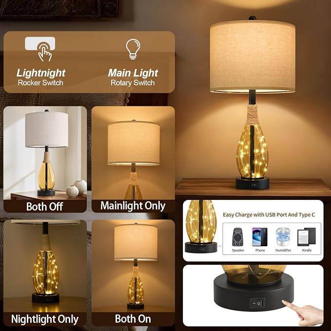 23" Table Lamps for Living Room Set of 2 Bedside Lamps for Night Stands Bedroom Lamps Farmhouse Rattan Boho Lamp Glass Nightlight End Table Lamp,Two Light Points