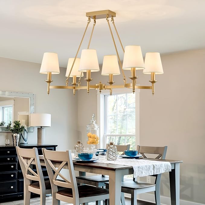 33.5" Gold Dining Room Chandelier with White Linen Fabric Shades 6-Light Rustic Industrial Ceiling Light Fixture Large Farmhouse Pendant Lights for Kitchen Island Living Room