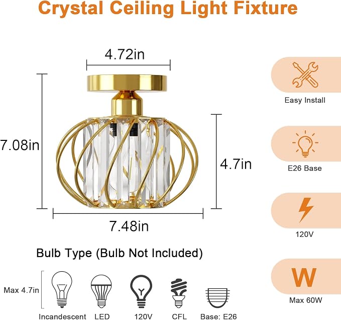 FRIDEKO HOME Gold Crystal Ceiling Light Fixture - Crystal Chandelier Small Semi Flush Mount Ceiling Light Modern Lights Ceiling Mount for Hallway Kitchen Entryway Bedroom Bathroom (2 Pack, 7.48 Inch)