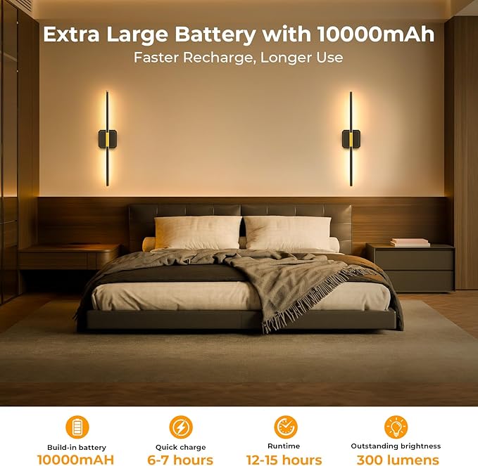Battery Operated Wall Sconce Detachable 360°Rotate, Wireless Wall Lamp 3000-6500K Dimmable, 10000mAh Rechargeable Wall Light for Bedroom, Living Room，28.3" Black Gold (1 Pack)
